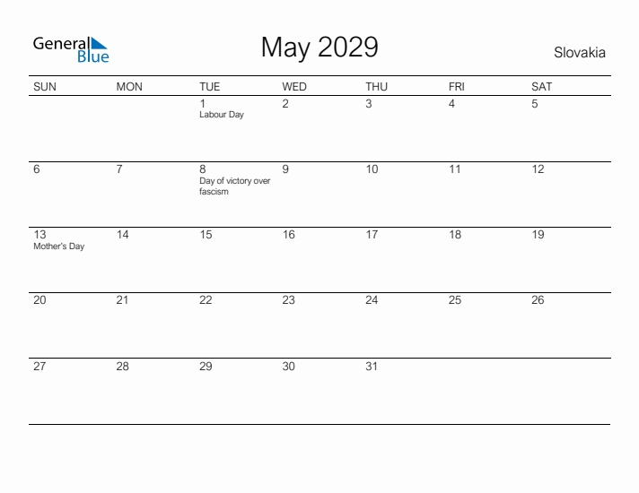 Printable May 2029 Calendar for Slovakia