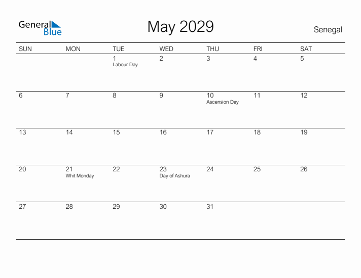 Printable May 2029 Calendar for Senegal