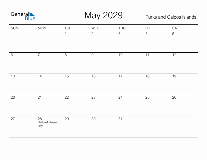 Printable May 2029 Calendar for Turks and Caicos Islands