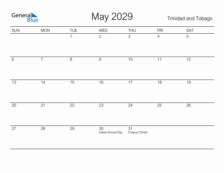 Printable May 2029 Calendar for Trinidad and Tobago