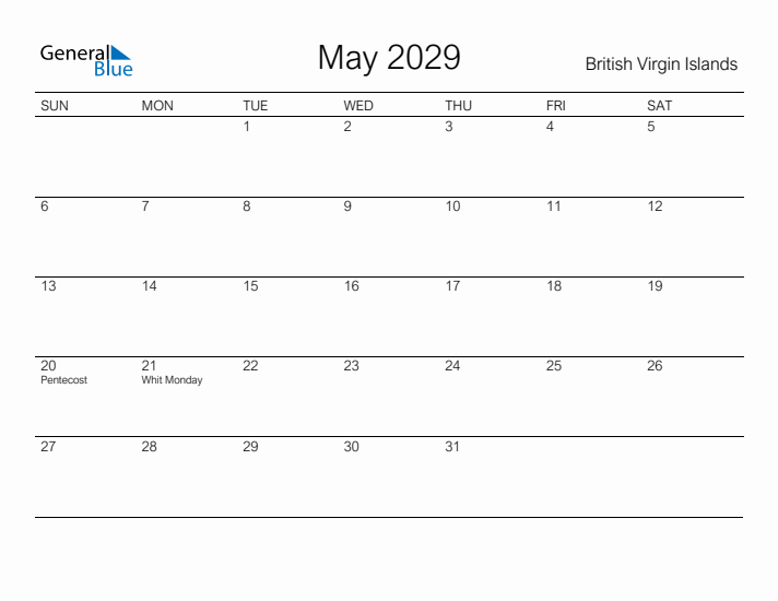 Printable May 2029 Calendar for British Virgin Islands
