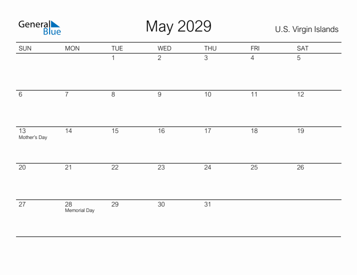 Printable May 2029 Calendar for U.S. Virgin Islands