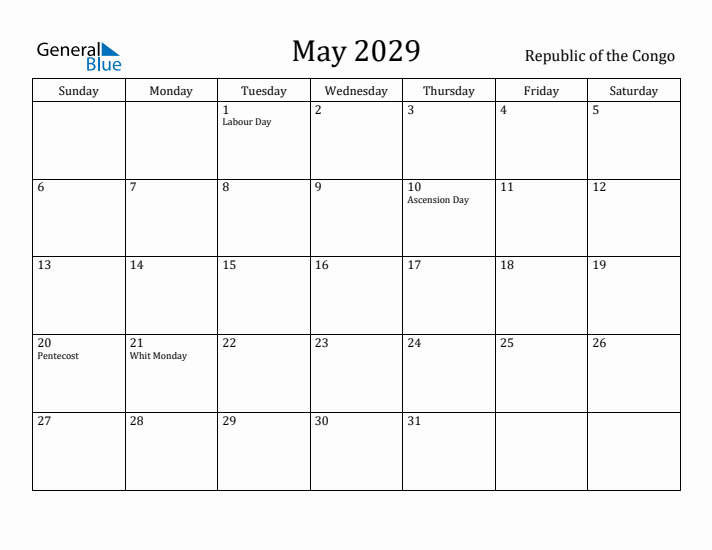 May 2029 Calendar Republic of the Congo