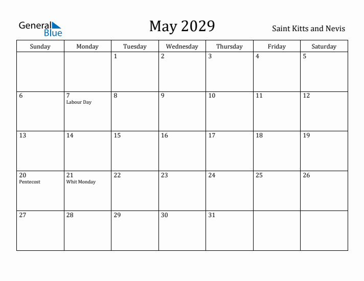 May 2029 Calendar Saint Kitts and Nevis