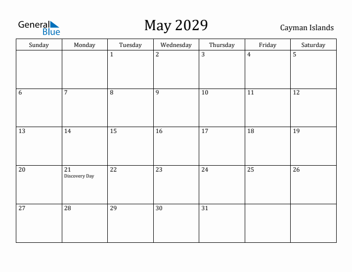 May 2029 Calendar Cayman Islands