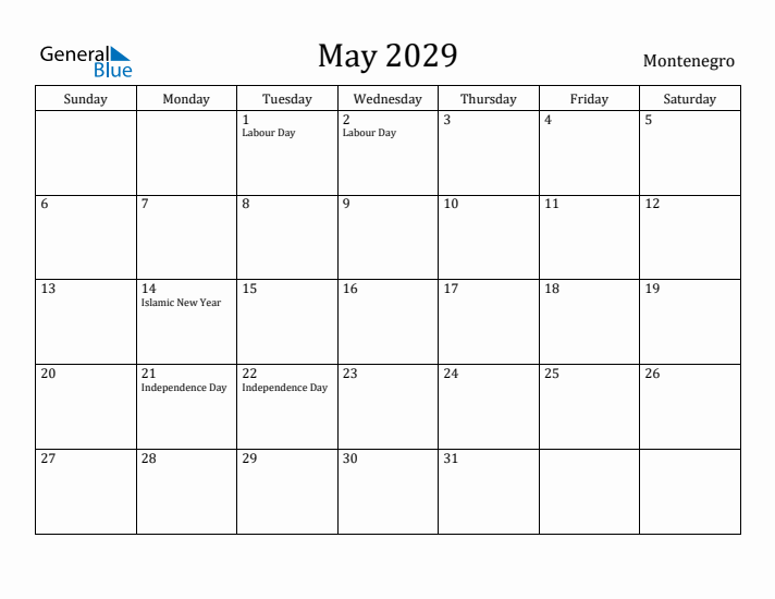 May 2029 Calendar Montenegro