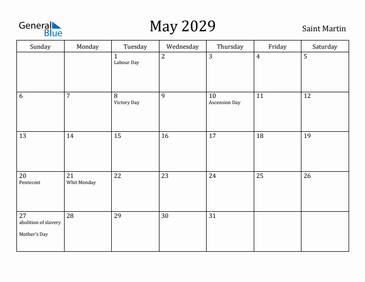 May 2029 Calendar Saint Martin