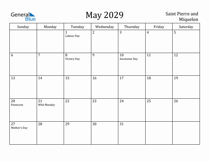 May 2029 Calendar Saint Pierre and Miquelon
