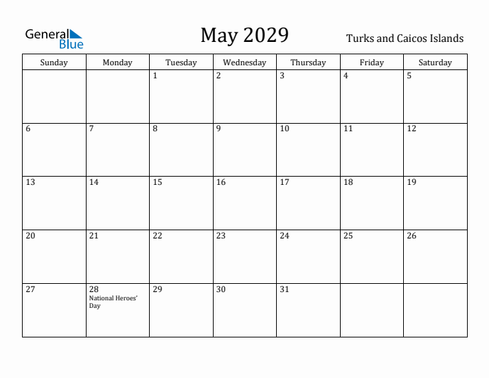 May 2029 Calendar Turks and Caicos Islands