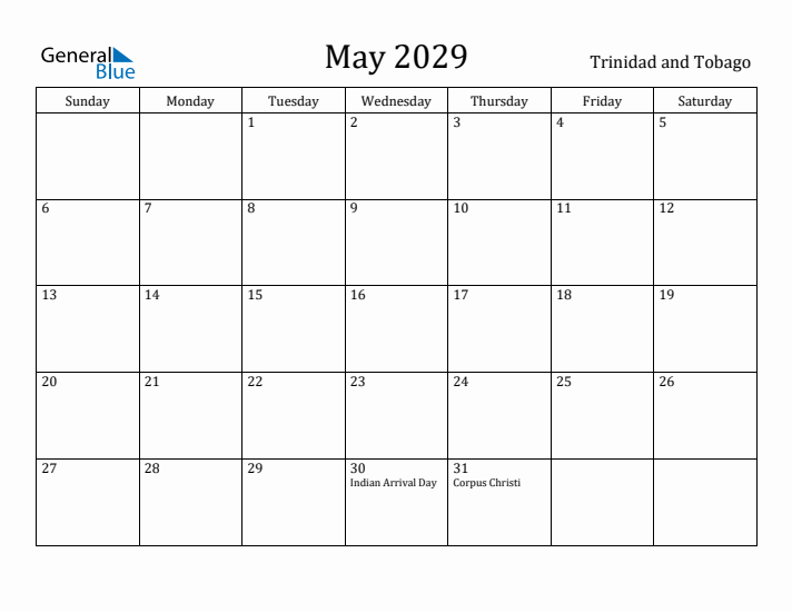 May 2029 Calendar Trinidad and Tobago