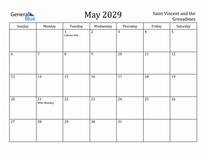 May 2029 Calendar Saint Vincent and the Grenadines