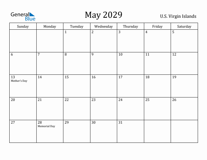 May 2029 Calendar U.S. Virgin Islands