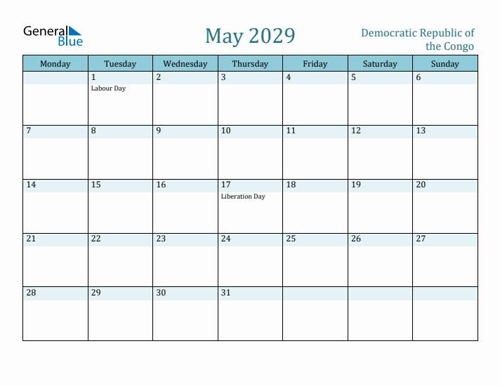 May 2029 Calendar with Holidays