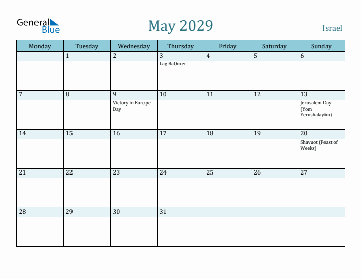 May 2029 Calendar with Holidays