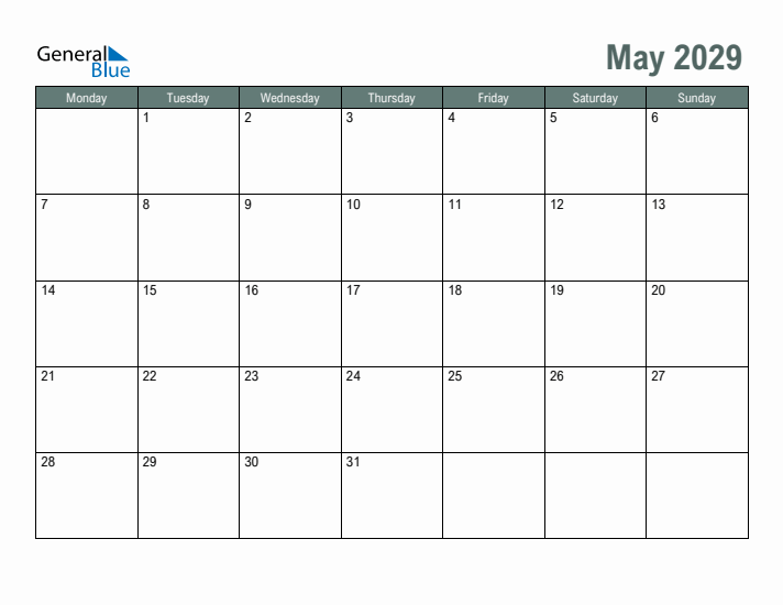 Free Printable May 2029 Calendar
