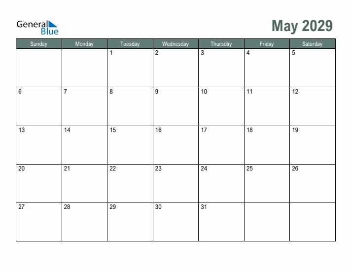 Free Printable May 2029 Calendar