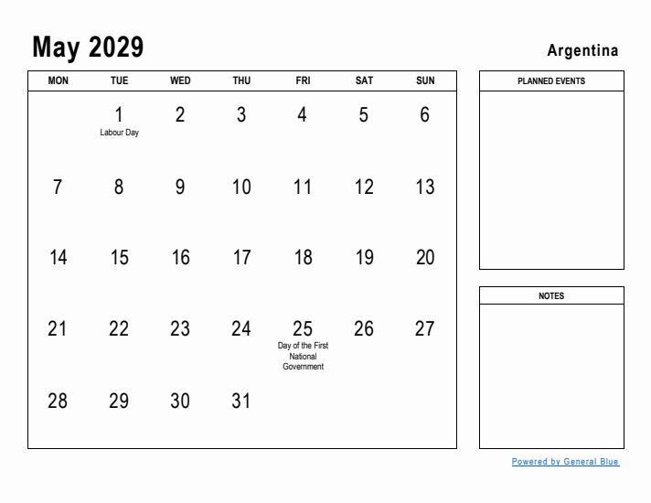 May 2029 Printable Monthly Calendar with Argentina Holidays