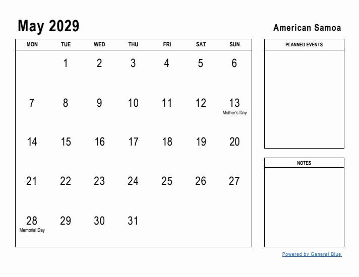 May 2029 Printable Monthly Calendar with American Samoa Holidays