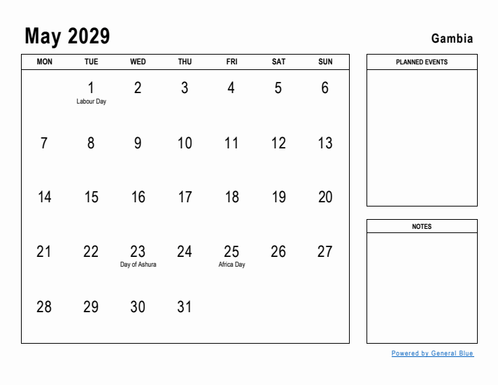 May 2029 Printable Monthly Calendar with Gambia Holidays