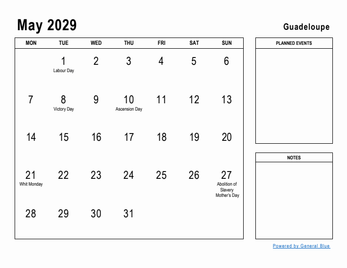 May 2029 Printable Monthly Calendar with Guadeloupe Holidays