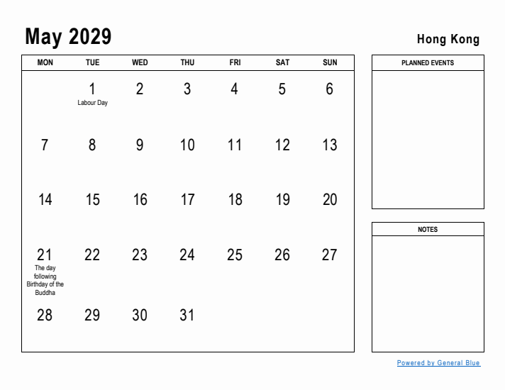 May 2029 Printable Monthly Calendar with Hong Kong Holidays