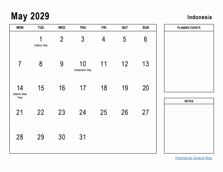 May 2029 Printable Monthly Calendar with Indonesia Holidays