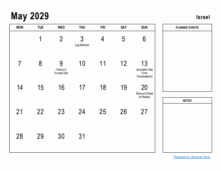 May 2029 Printable Monthly Calendar with Israel Holidays