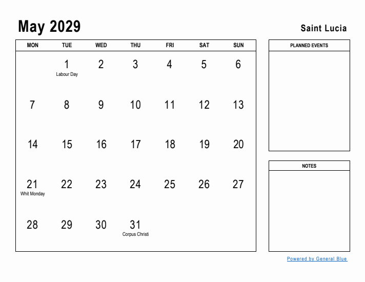 May 2029 Printable Monthly Calendar with Saint Lucia Holidays