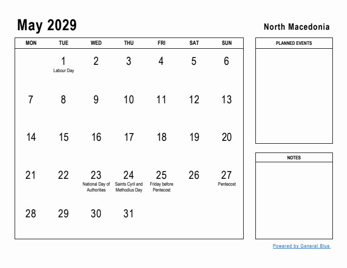 May 2029 Printable Monthly Calendar with North Macedonia Holidays