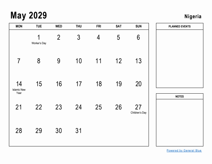 May 2029 Printable Monthly Calendar with Nigeria Holidays