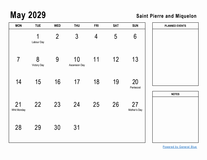 May 2029 Printable Monthly Calendar with Saint Pierre and Miquelon Holidays