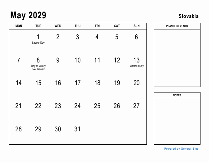 May 2029 Printable Monthly Calendar with Slovakia Holidays