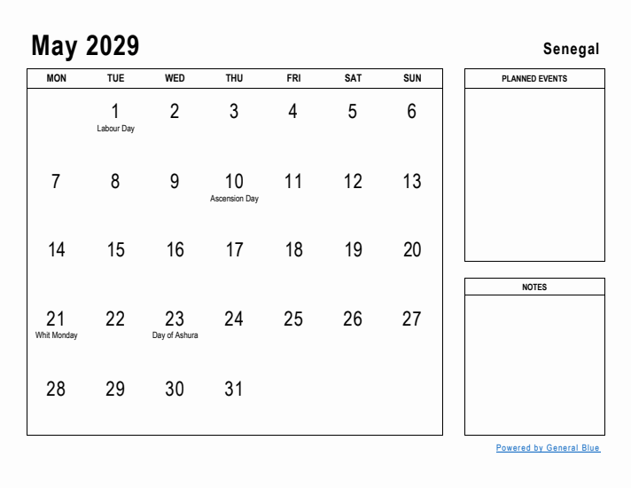 May 2029 Printable Monthly Calendar with Senegal Holidays