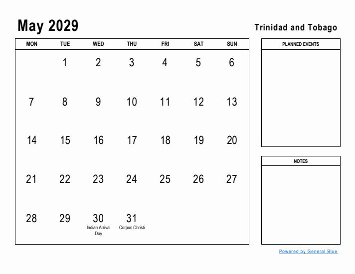 May 2029 Printable Monthly Calendar with Trinidad and Tobago Holidays