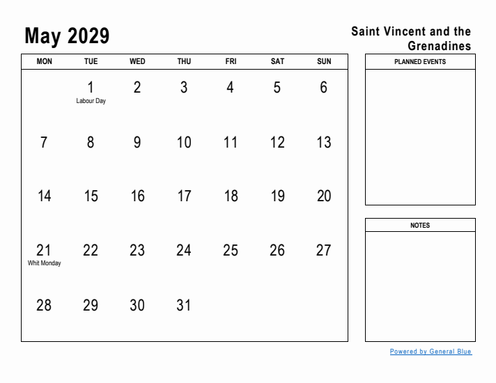 May 2029 Printable Monthly Calendar with Saint Vincent and the Grenadines Holidays
