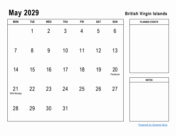 May 2029 Printable Monthly Calendar with British Virgin Islands Holidays