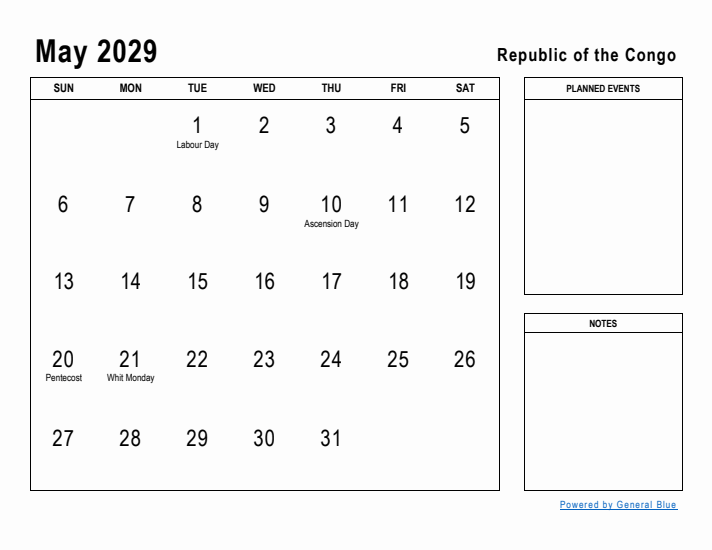 May 2029 Printable Monthly Calendar with Republic of the Congo Holidays