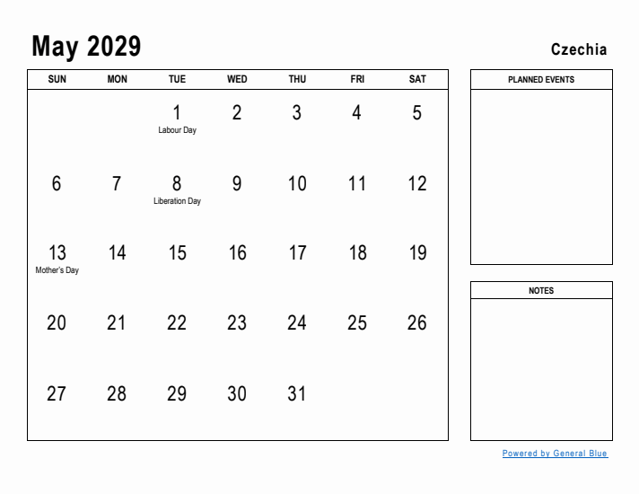 May 2029 Printable Monthly Calendar with Czechia Holidays