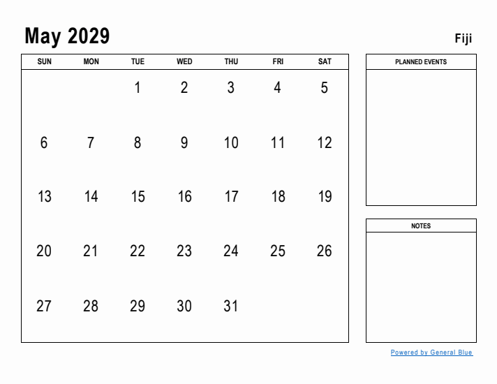 May 2029 Printable Monthly Calendar with Fiji Holidays