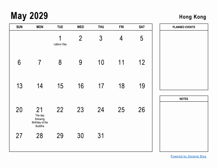 May 2029 Printable Monthly Calendar with Hong Kong Holidays