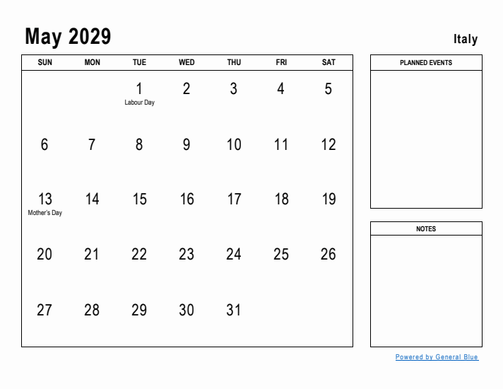 May 2029 Printable Monthly Calendar with Italy Holidays