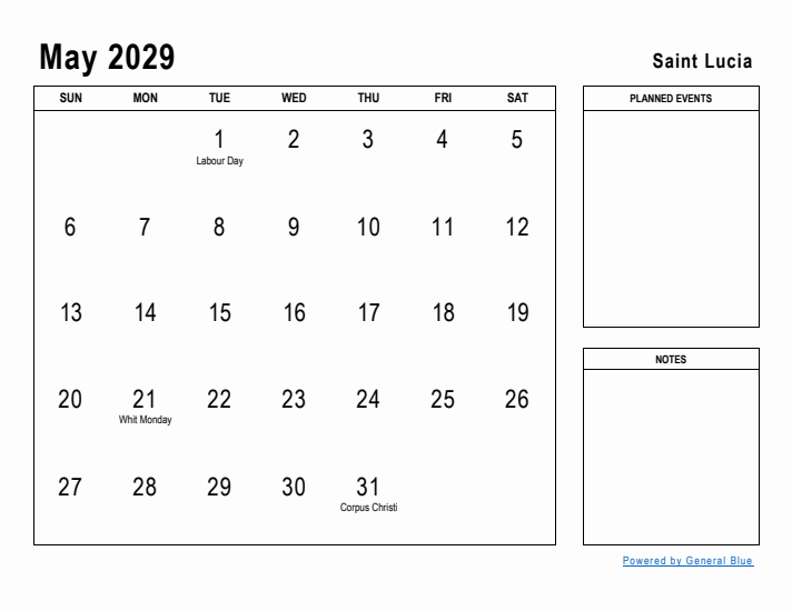 May 2029 Printable Monthly Calendar with Saint Lucia Holidays
