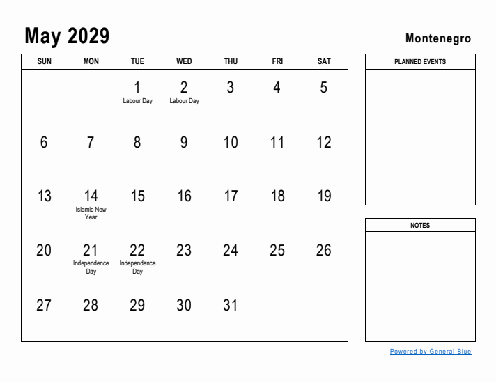 May 2029 Printable Monthly Calendar with Montenegro Holidays