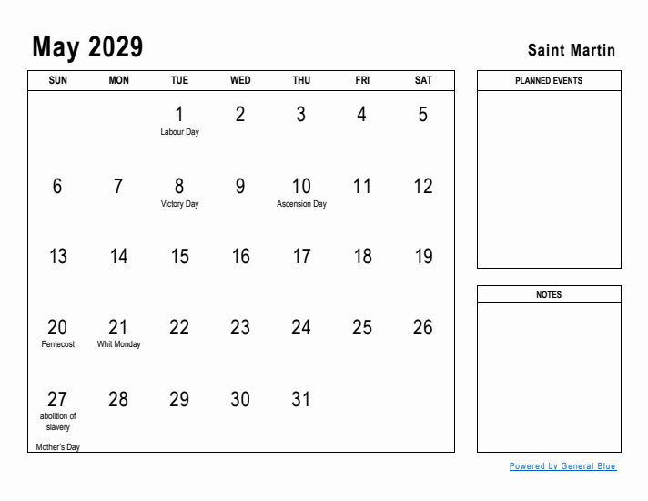 May 2029 Printable Monthly Calendar with Saint Martin Holidays