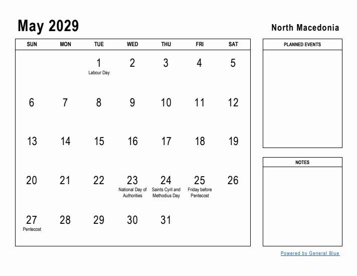 May 2029 Printable Monthly Calendar with North Macedonia Holidays