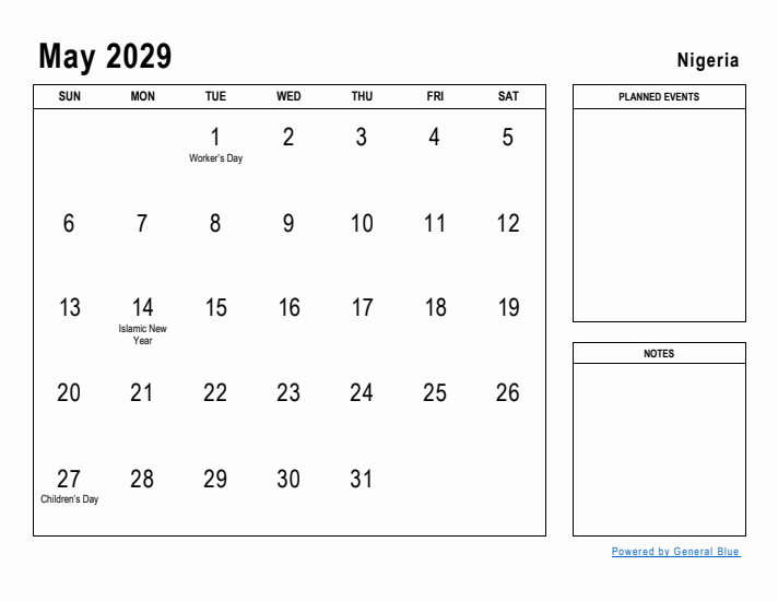 May 2029 Printable Monthly Calendar with Nigeria Holidays