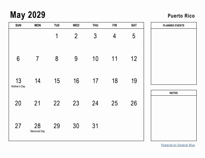 May 2029 Printable Monthly Calendar with Puerto Rico Holidays