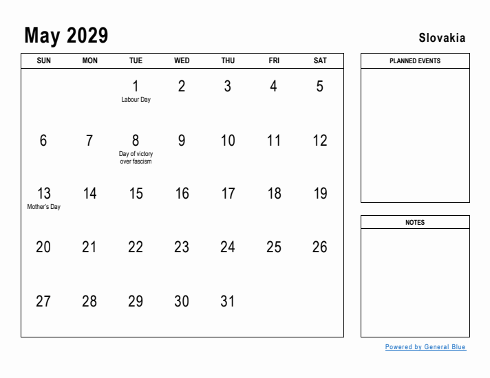May 2029 Printable Monthly Calendar with Slovakia Holidays