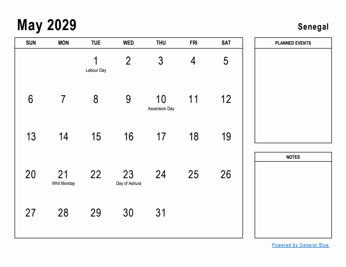 May 2029 Printable Monthly Calendar with Senegal Holidays