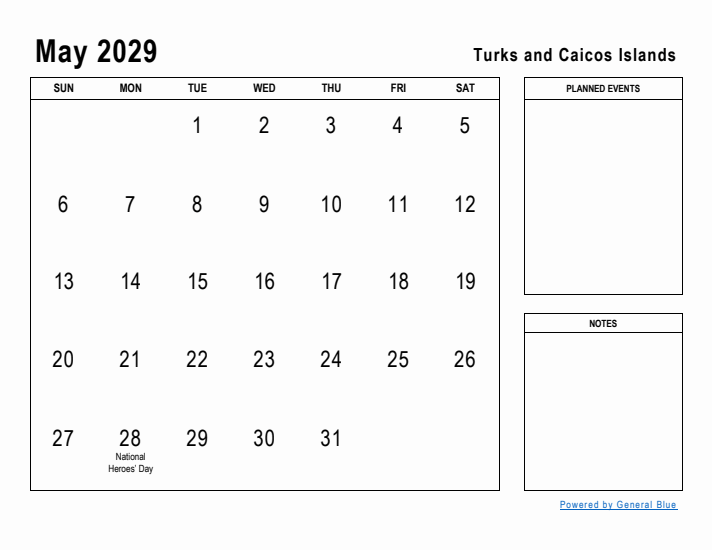 May 2029 Printable Monthly Calendar with Turks and Caicos Islands Holidays